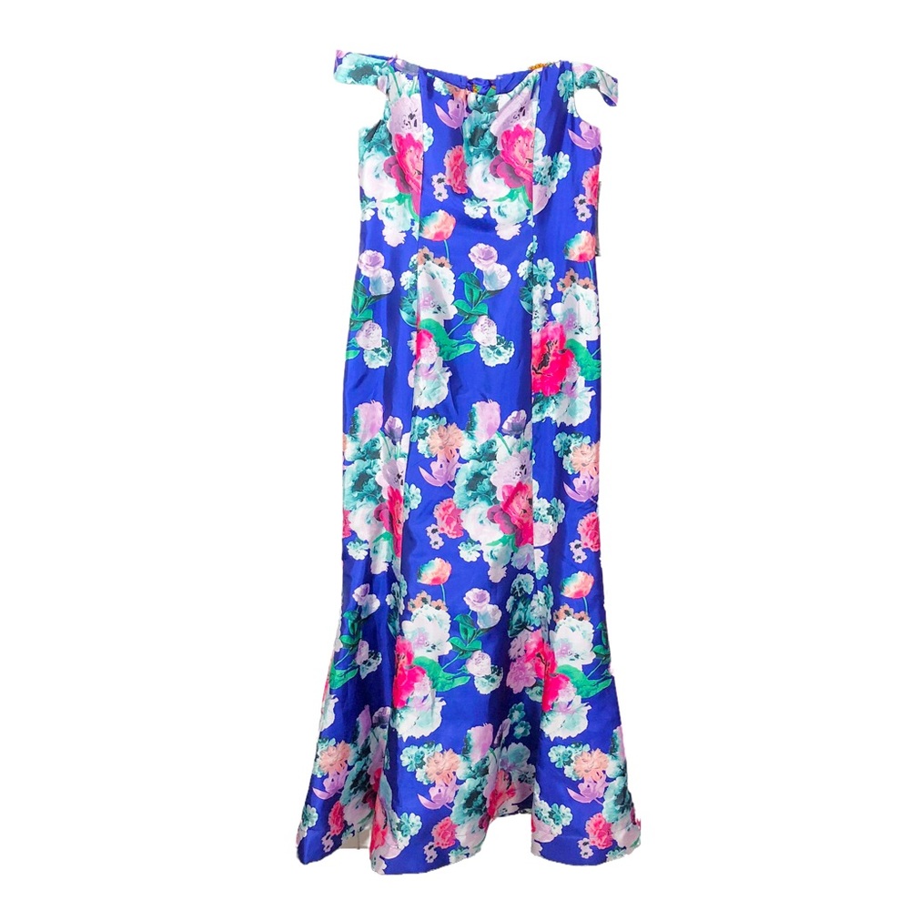 Off The Shoulder Floral Print Satin Square Neck Corset Back Hourglass Prom Dress - Picture 2 of 14